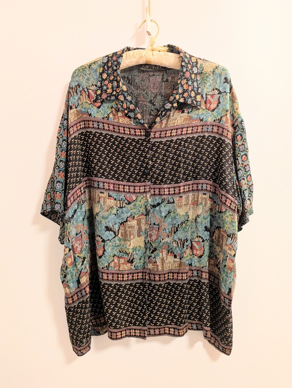 Karen Kane Floral Patchwork Short-Sleeve Button Front Boho Top